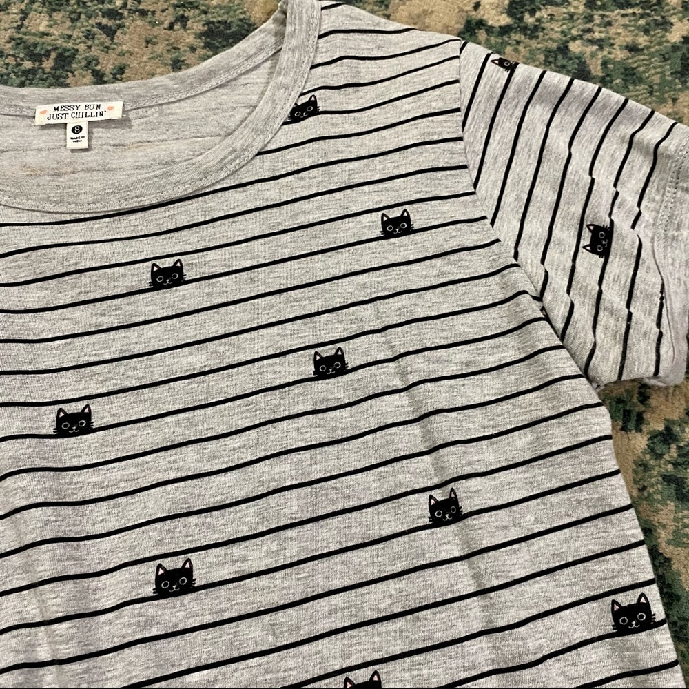 Messy Bun Just Chillin - Grey Cat Striped Shirt